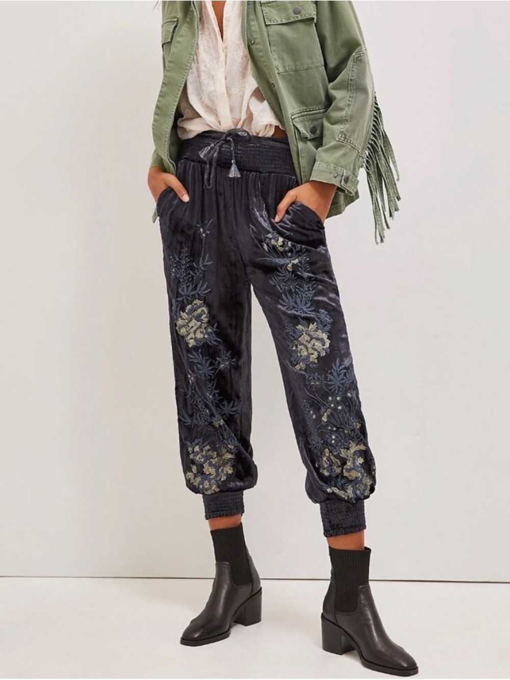 by Anthropologie Embroidered Velvet Jogger Pants Charcoal Grey Petite Large (LP)